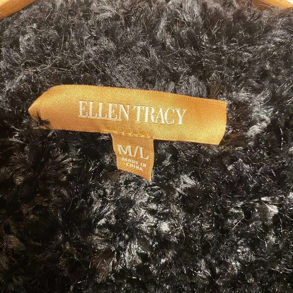 Ellen Tracy Black Fuzzy Eyelash Knit Cardigan Sweater Short Sleeve Womens M/L - Picture 2 of 6